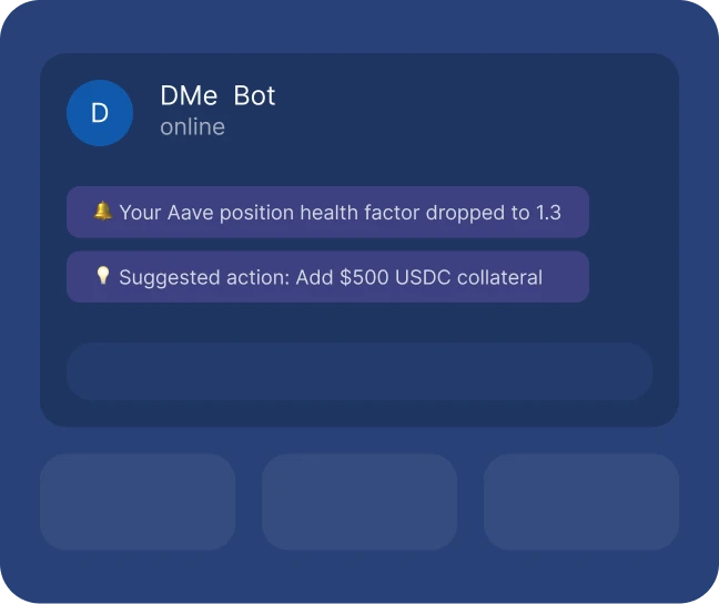 DMe Telegram bot showing a DeFi alert notification